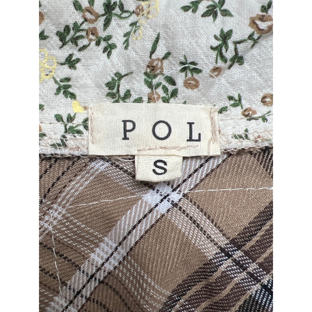 POL Mixed Media Plaid Floral Button Down Shirt Brown Womens S Baloon Sleeve Boho - Picture 2 of 10